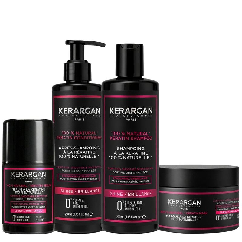Pflegeset mit vier schwarzen Behältern. Enthalten sind Shampoo, Conditioner, Serum und Maske. Aufschrift: Kerargan, 100% Natural Keratin.