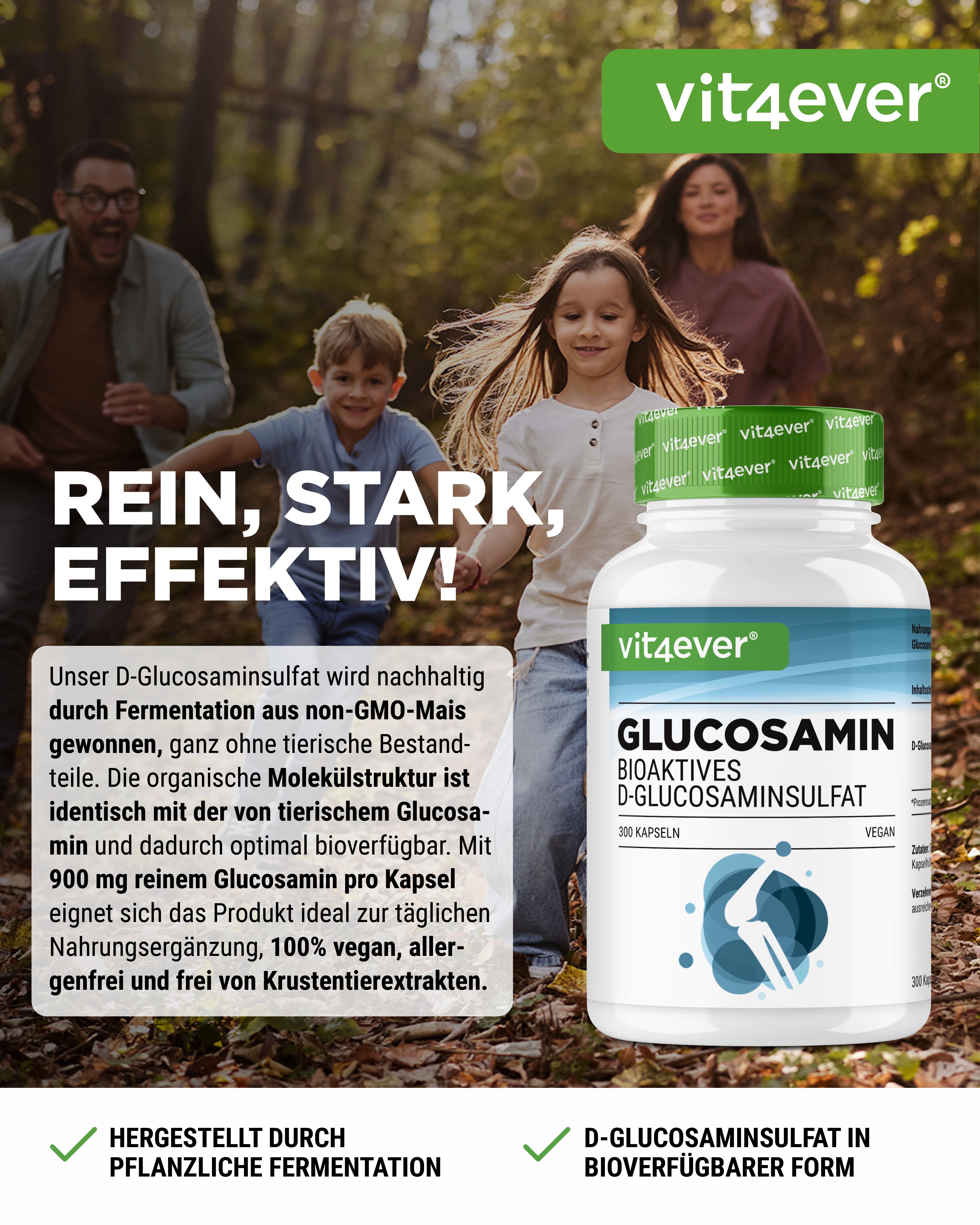 Produktabbildung mit Familie im Hintergrund. Flasche mit Aufschrift: vit4ever, Glucosamin, 300 Kapseln, vegan. Text: Rein, stark, effektiv!