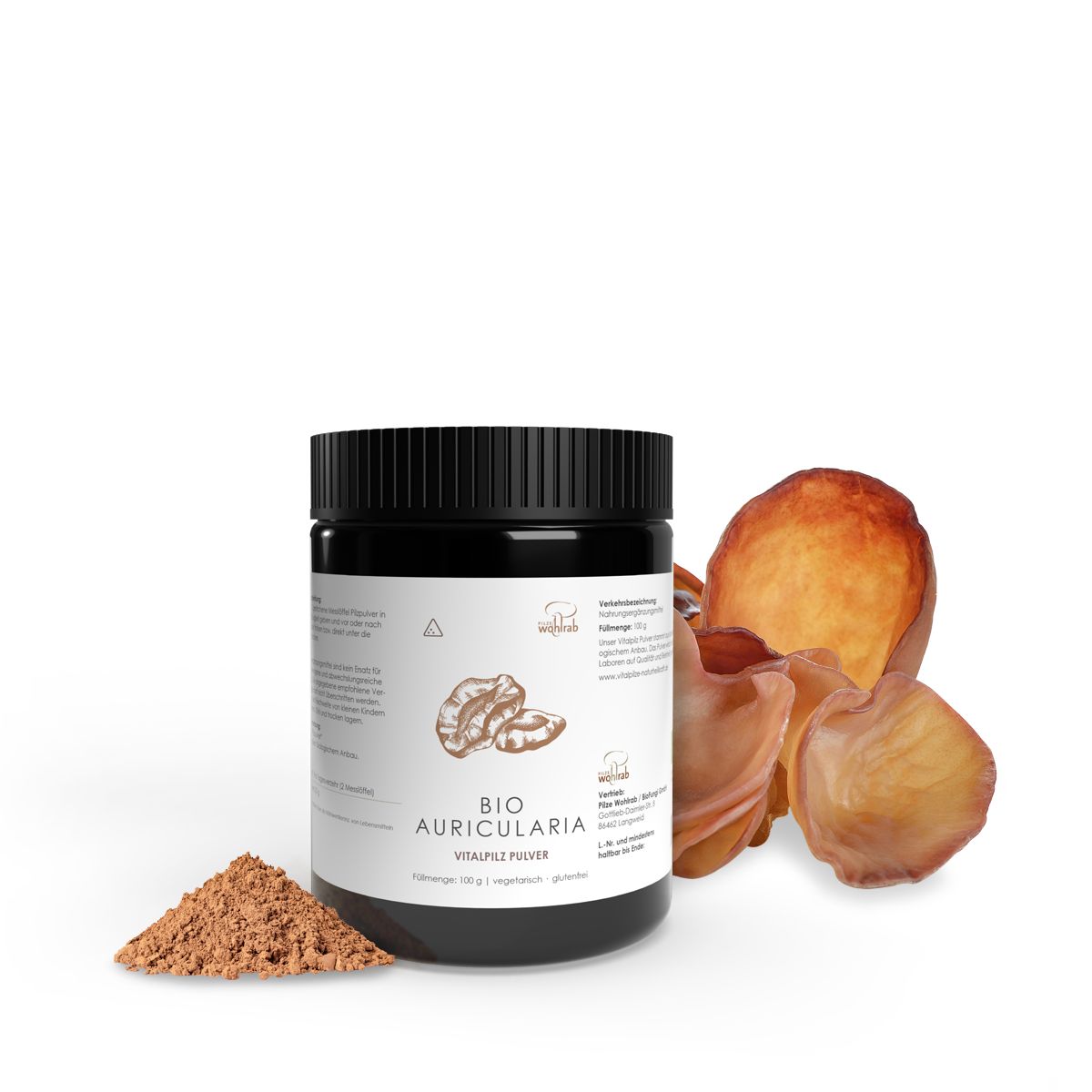Schwarze Dose mit BIO Auricularia Vitalpilz Pulver, braunem Pulverhaufen und getrockneten Pilzen. Aufschrift: BIO Auricularia Vitalpilz Pulver.