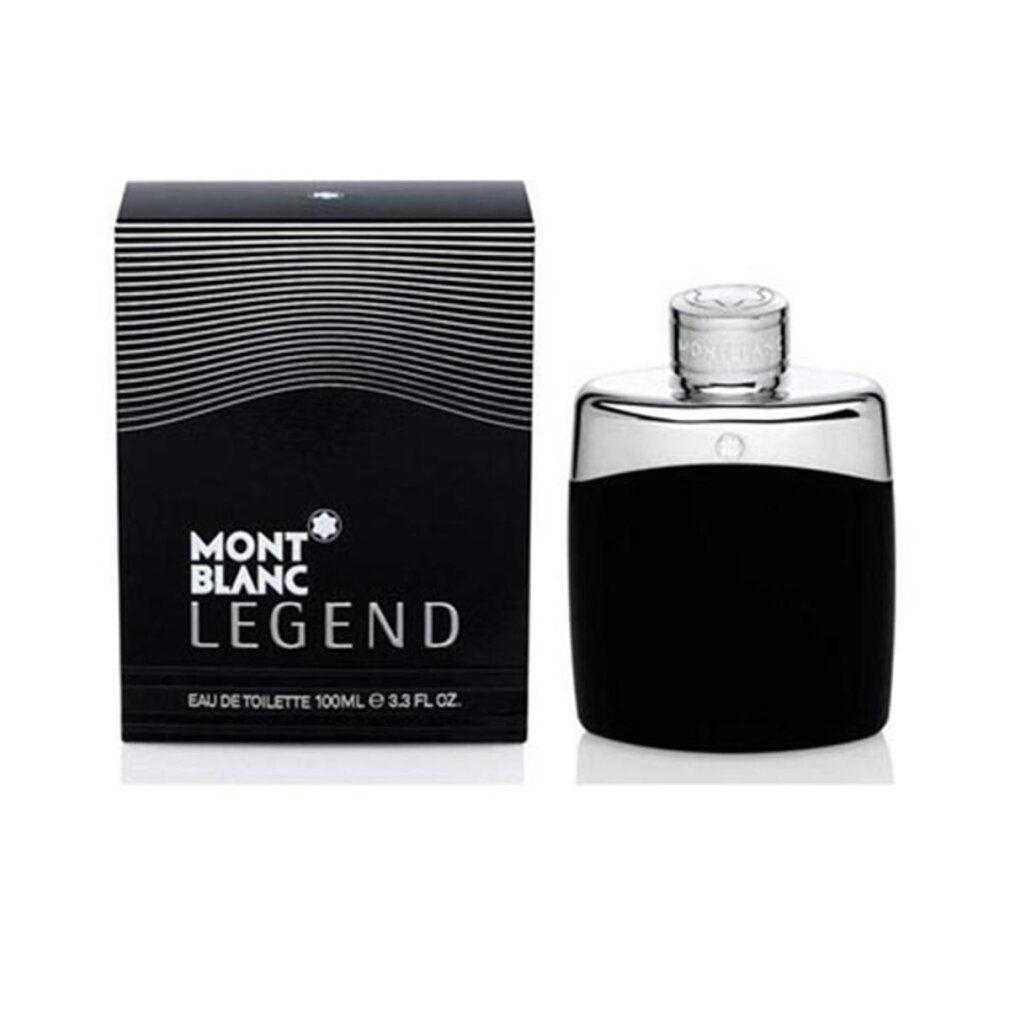 Schwarzer Flakon und Verpackung. Aufschrift: MONTBLANC LEGEND. Eau de Toilette. Flakon mit silberner Kappe.