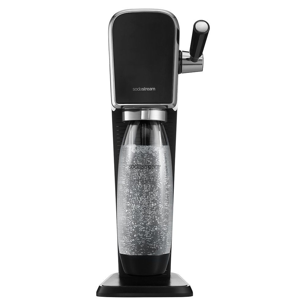 SodaStream Art Wassersprudler in Schwarz mit stark sprudelnder Flasche.