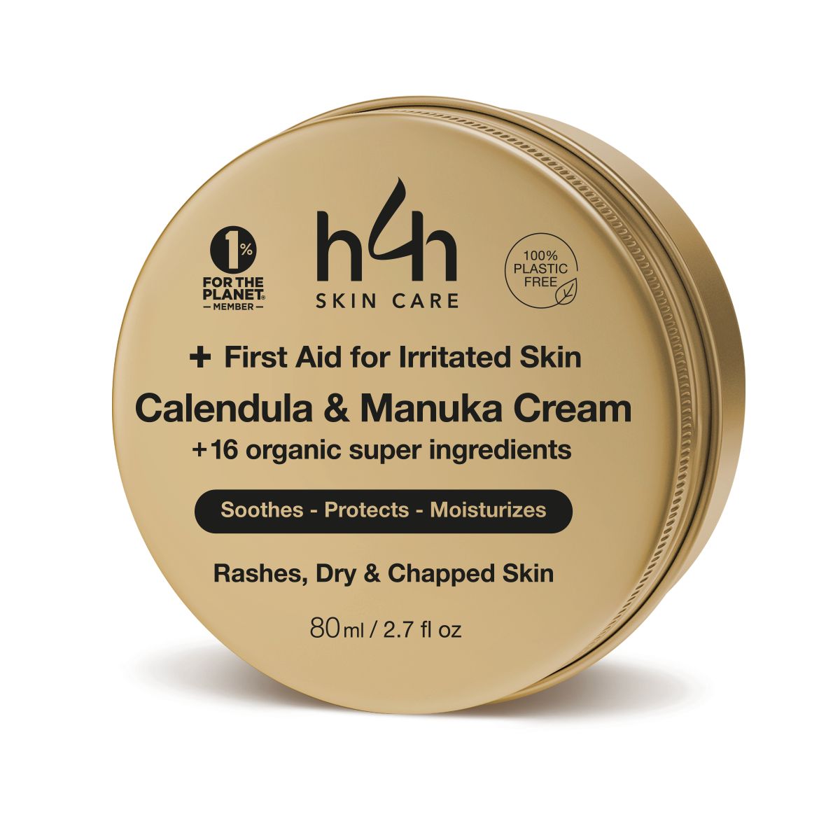 Runde Dose mit Text: H4H Skin Care, + First Aid for Irritated Skin, Calendula & Manuka Cream. 80ml/2.7 fl oz.
