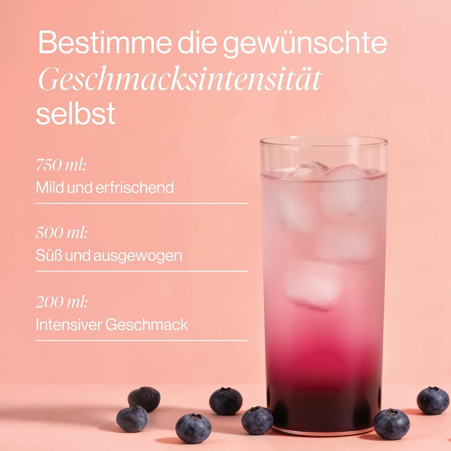 Glas mit blauem Getränk und Eiswürfeln, daneben Blaubeeren. Text über Geschmackintensität.