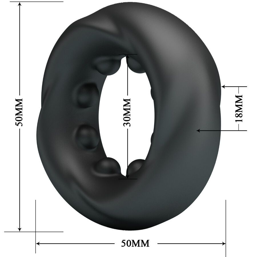 Schwarzer Penisring aus Silikon. Ringförmig, mit spiralförmiger Struktur und Noppen. Maße: 50x50x30x18mm.