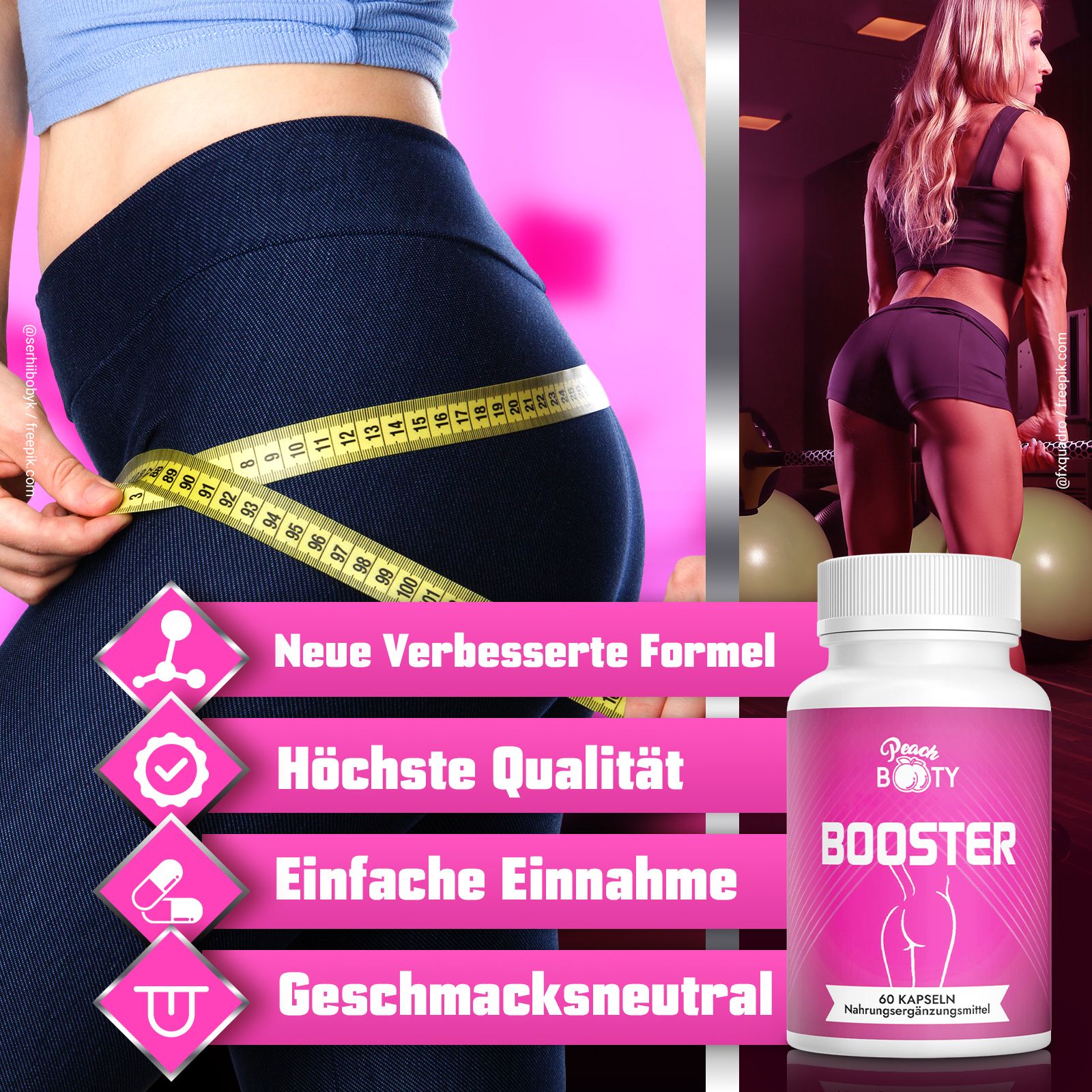 Pinkfarbene Grafik mit Text und Flasche. Flasche: Peach Booty Booster, 60 Kapseln. Frau misst Hüfte. Hintergrund: Frau trainiert.