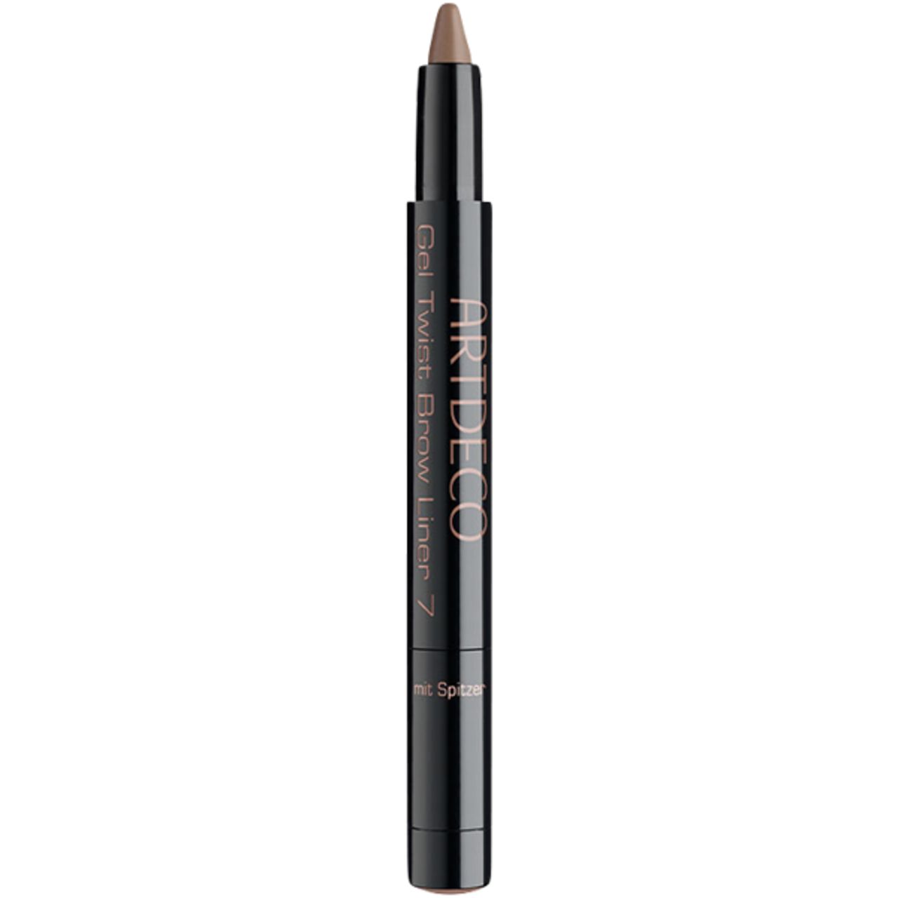 Brauenstift mit Spitze. Schwarzer Stift mit brauner Mine. Aufschrift: ARTDECO, Gel Twist Brow Liner 7.