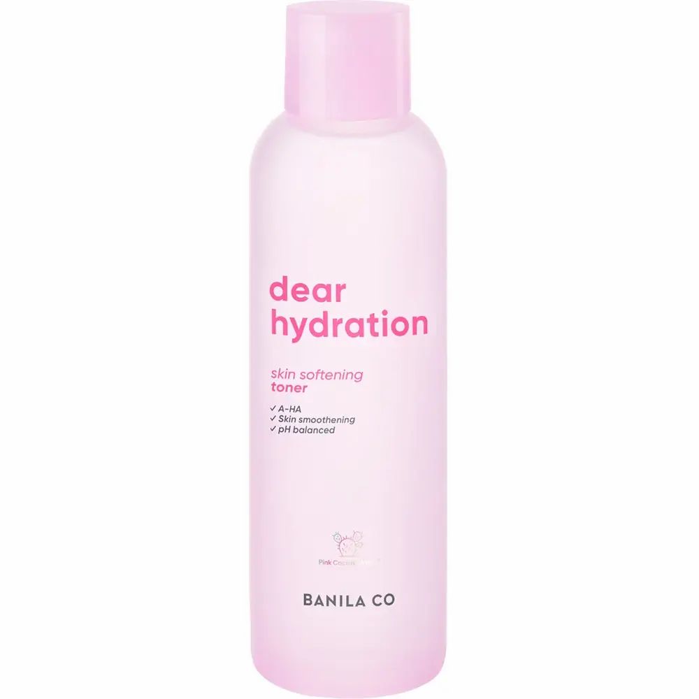 Rosa Flasche mit "dear hydration skin softening toner" und "BANILA CO" Aufschrift. Enthält A-HA, Hautglättung, pH-neutral.