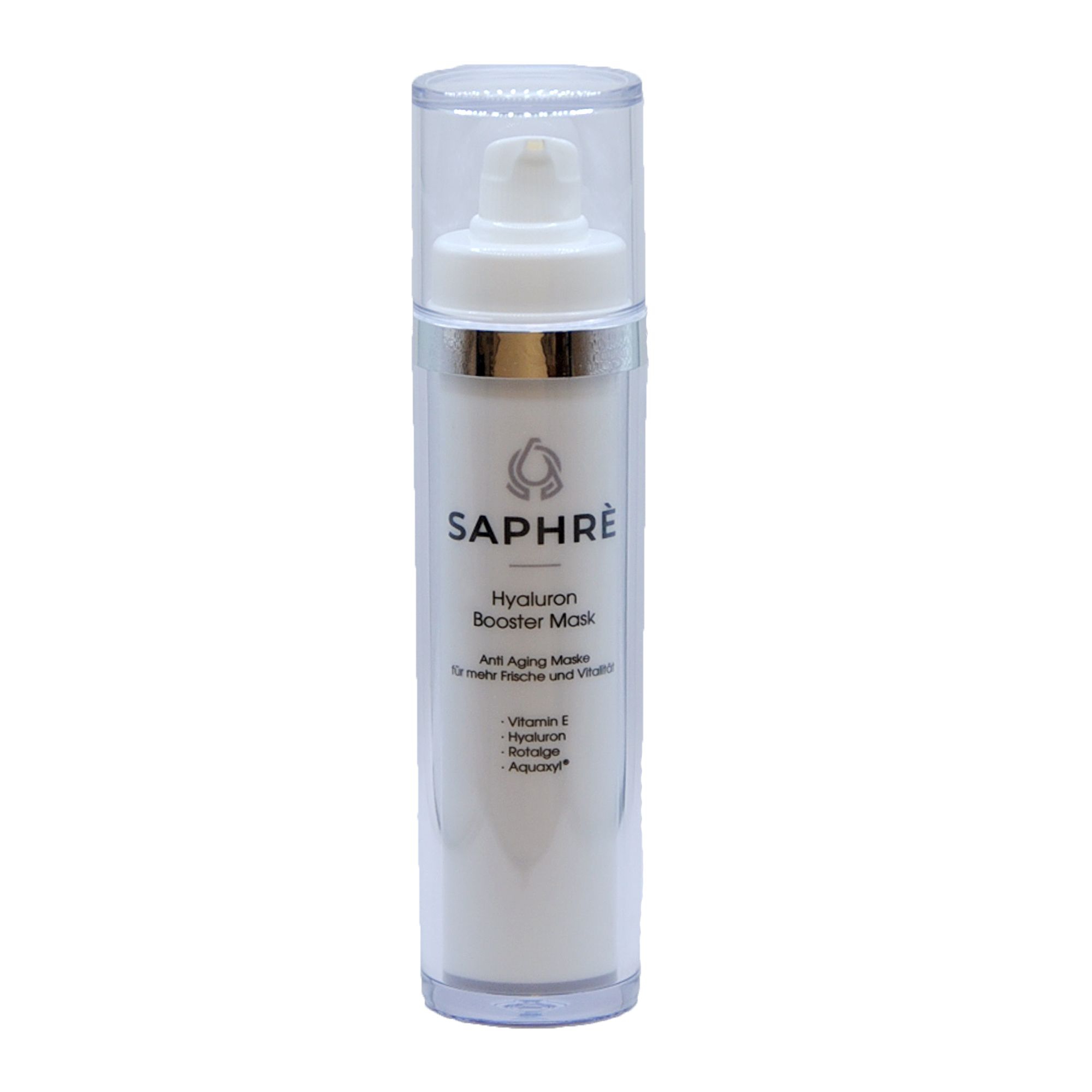 Saphre Hyaluron Booster Mask. Weiße Flasche mit Dosierkopf. Beschriftung: Anti Aging Maske, Vitamin E, Hyaluron, Aquaxyl.