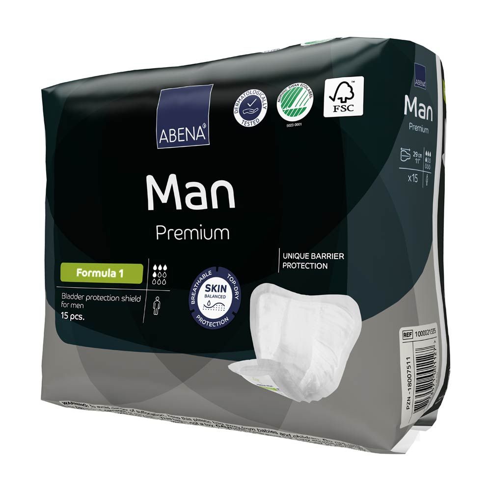 Verpackung von Abena Man Premium Formula 1. Schwarze Verpackung mit Produktname und Logo. 15 Stück. FSC-Zertifizierung.