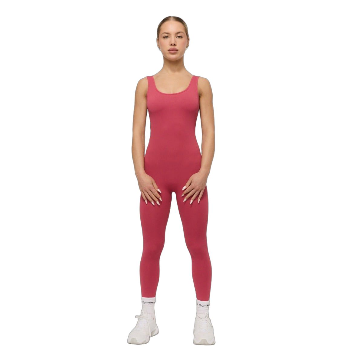 Ärmelloser Damen-Jumpsuit in Rosé mit tiefem Ausschnitt und schmaler Passform.