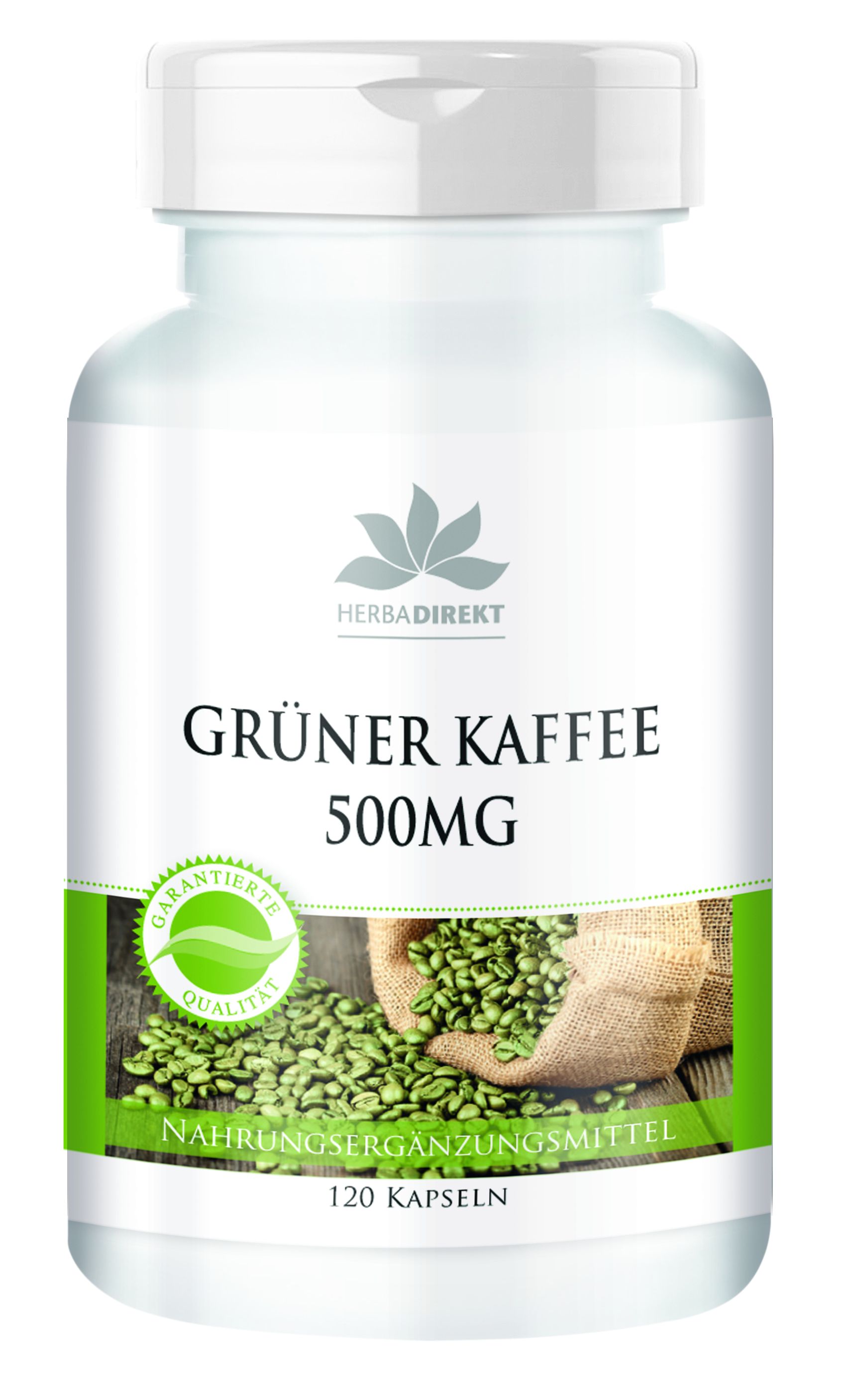 Weiße Flasche mit grünem Etikett. Aufschrift: GRÜNER KAFFEE 500MG. Abbildung von grünen Kaffeebohnen. Siegel: Garantierte Qualität. 120 Kapseln.