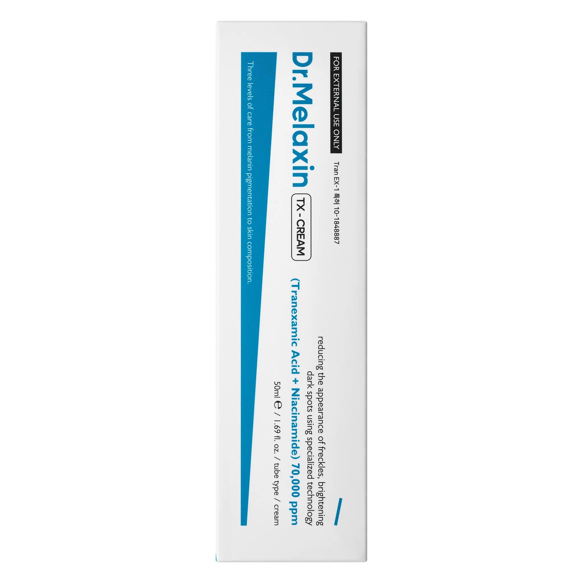 Weiße Tube mit blauer Beschriftung. Aufschrift: Dr.Melaxin TX-CREAM. Enthält Tranexamsäure und Niacinamid.