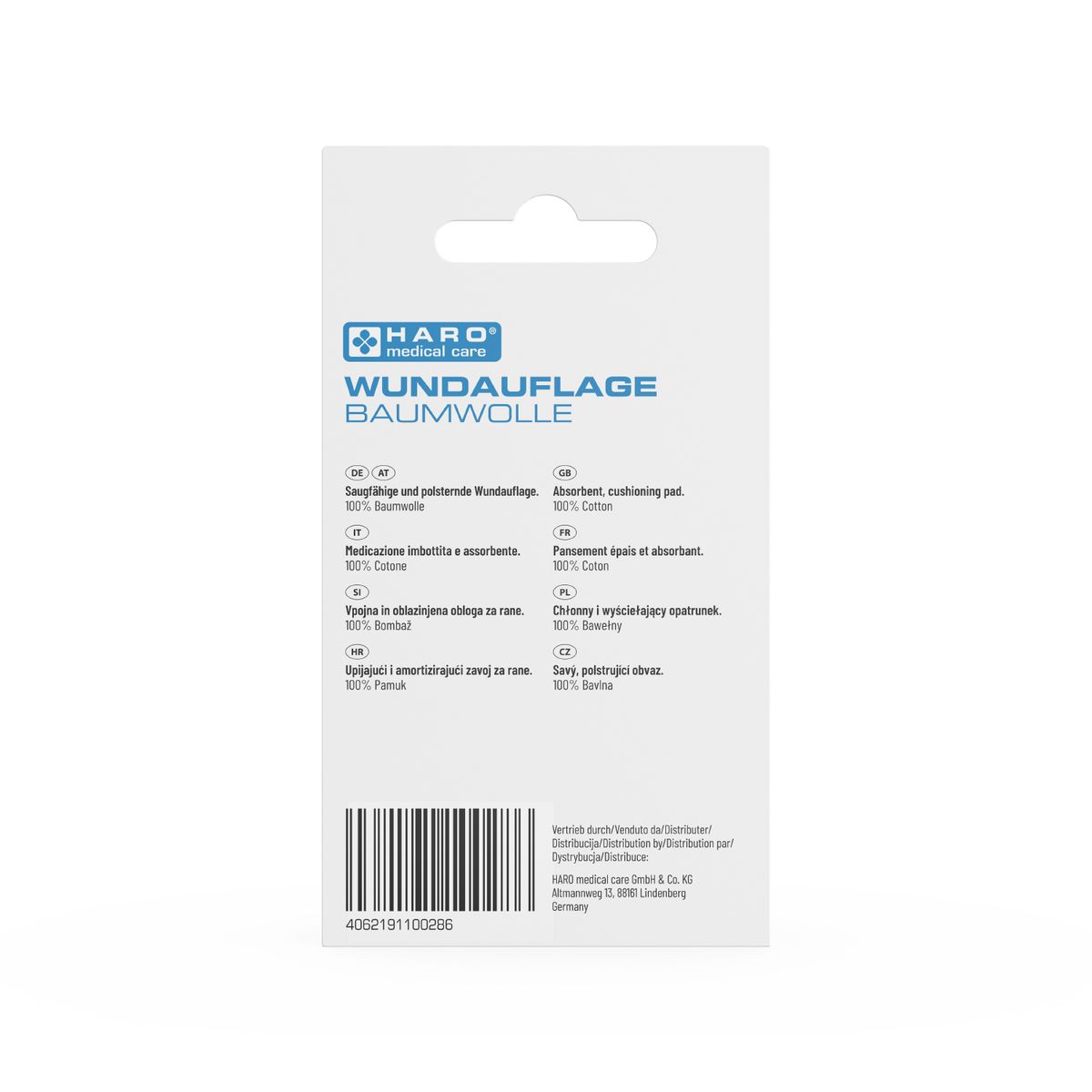 Rückseite der Verpackung Haro Wundauflage Baumwolle. Text mit Produktinformationen und Inhaltsstoffen. Barcode.
