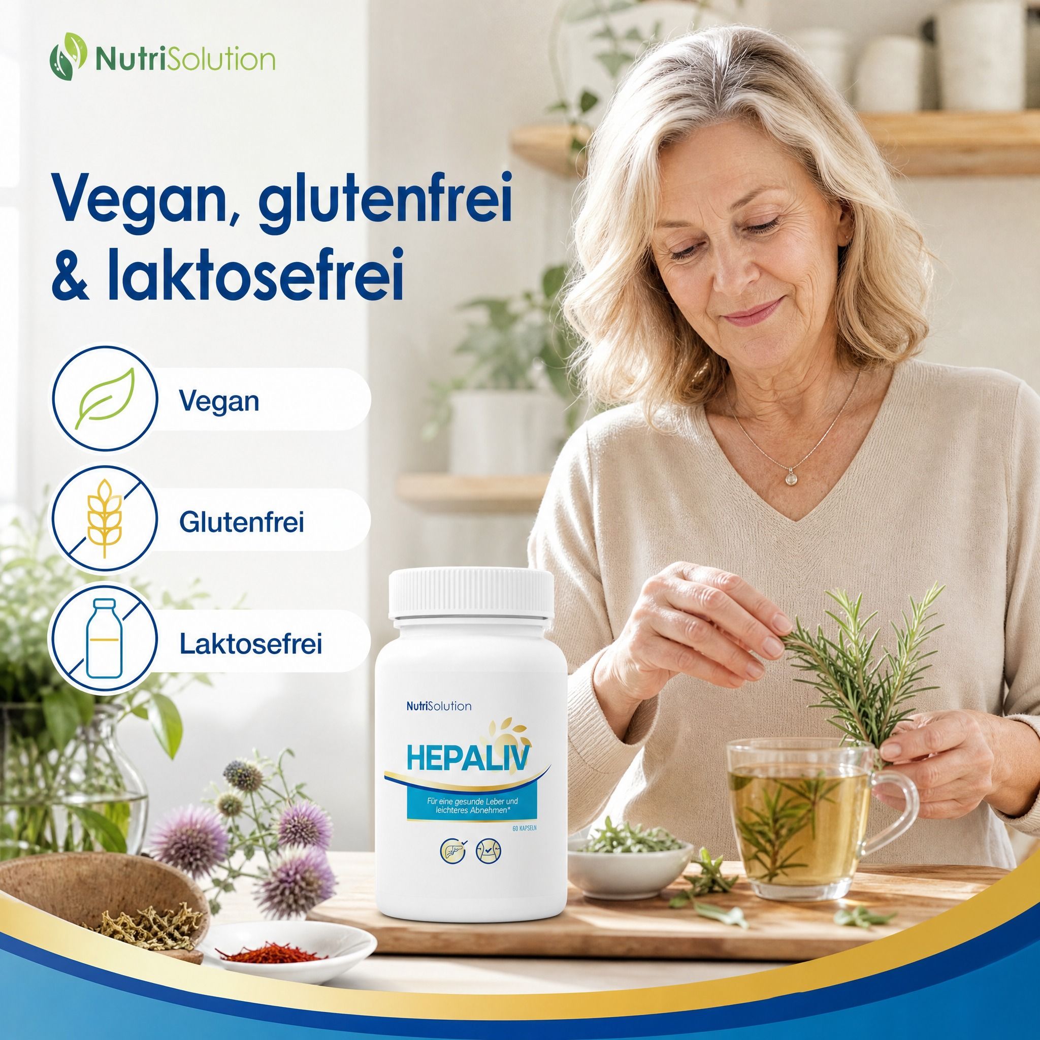 Frau mit Kräutertee und NutriSolution Hepaliv-Flasche. Vegan, glutenfrei & laktosefrei.