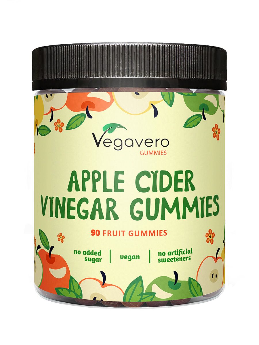 Runde Dose mit schwarzem Deckel. Aufschrift: Apple Cider Vinegar Gummies. 90 Fruchtgummis. Keine Zuckerzusätze, vegan, keine künstlichen Süßstoffe.