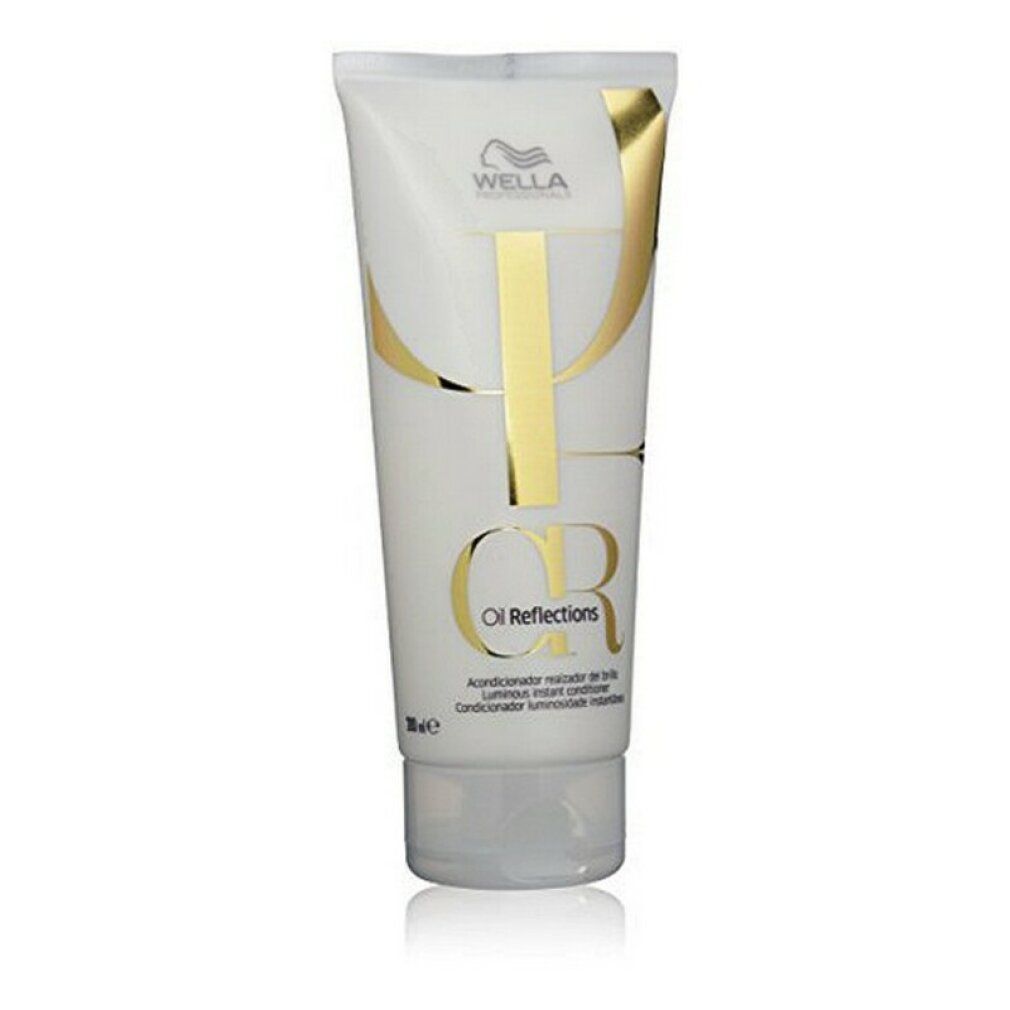Weiße Tube mit goldfarbenem Schriftzug. Aufschrift: Wella Oil Reflections Luminous Instant Conditioner. Produktverpackung.