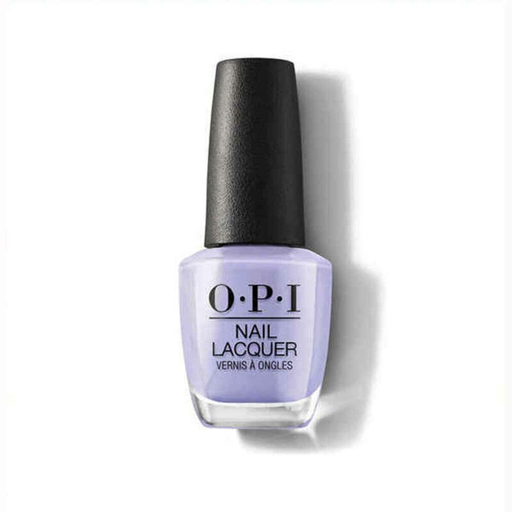 Eine Flasche Nagellack von O.P.I. mit lila Lack und schwarzem Deckel. Aufschrift: "O.P.I NAIL LACQUER".