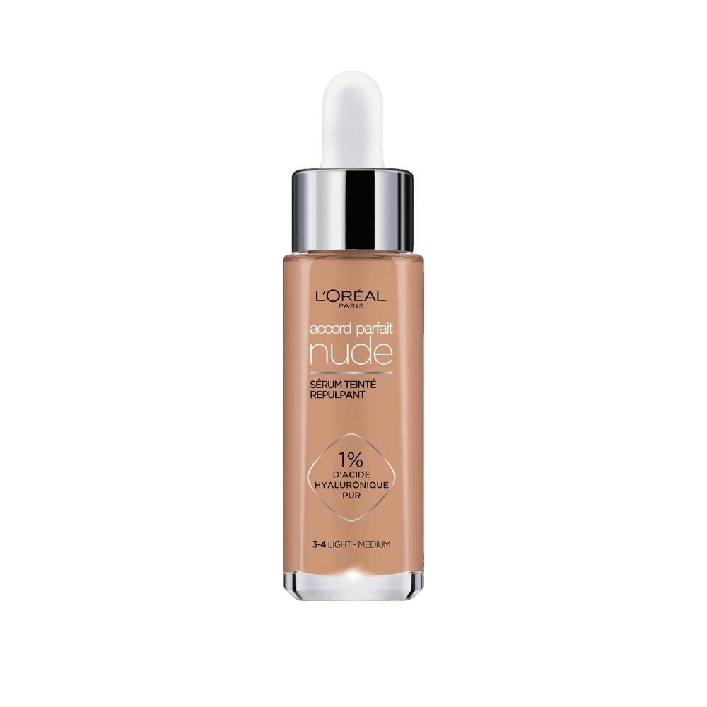 Flakon L'Oréal Accord Parfait Serum. Beige getöntes Serum mit Pipette. Aufschrift: Nude, Serum Teinté Repulpant, 1% Hyaluronsäure.