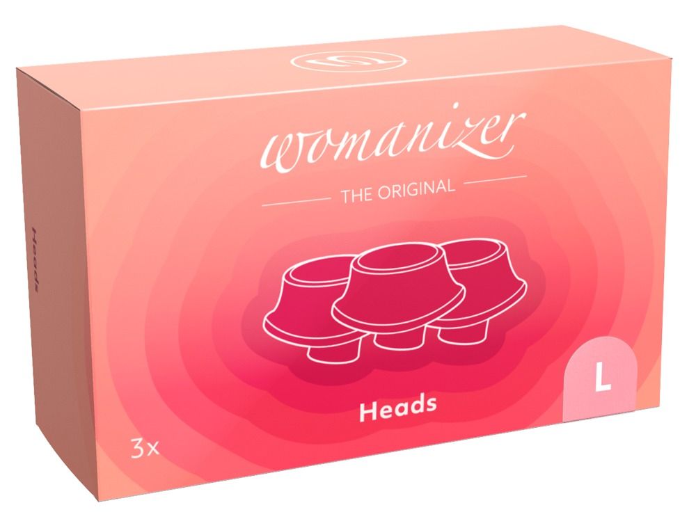 Verpackung für 3 rosa Womanizer Ersatzkappen, Größe L. 'Womanizer The Original' Schriftzug.