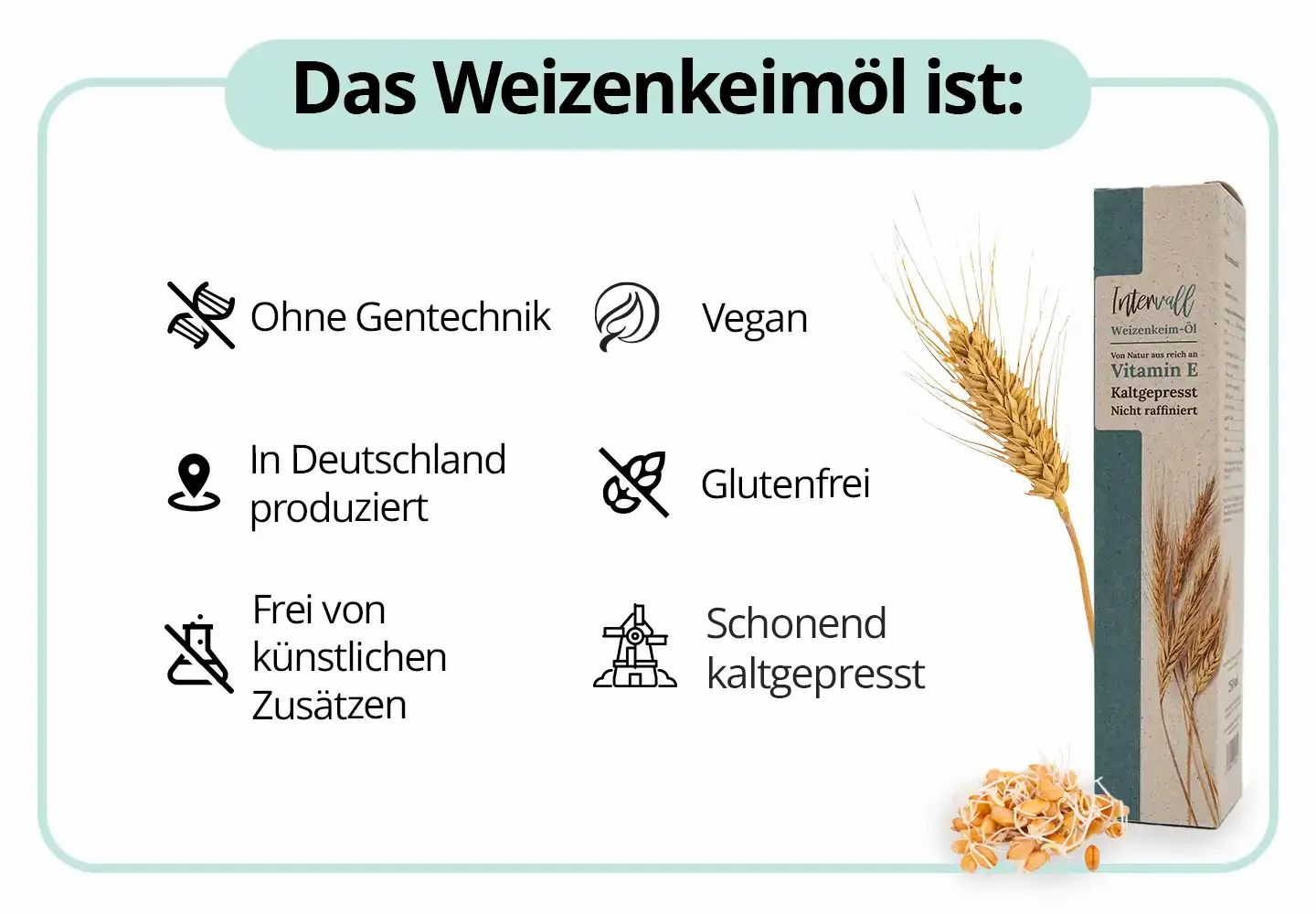 Produktflasche und Schachtel mit Text und Symbolen, die Eigenschaften wie vegan, glutenfrei und kaltgepresst hervorheben.