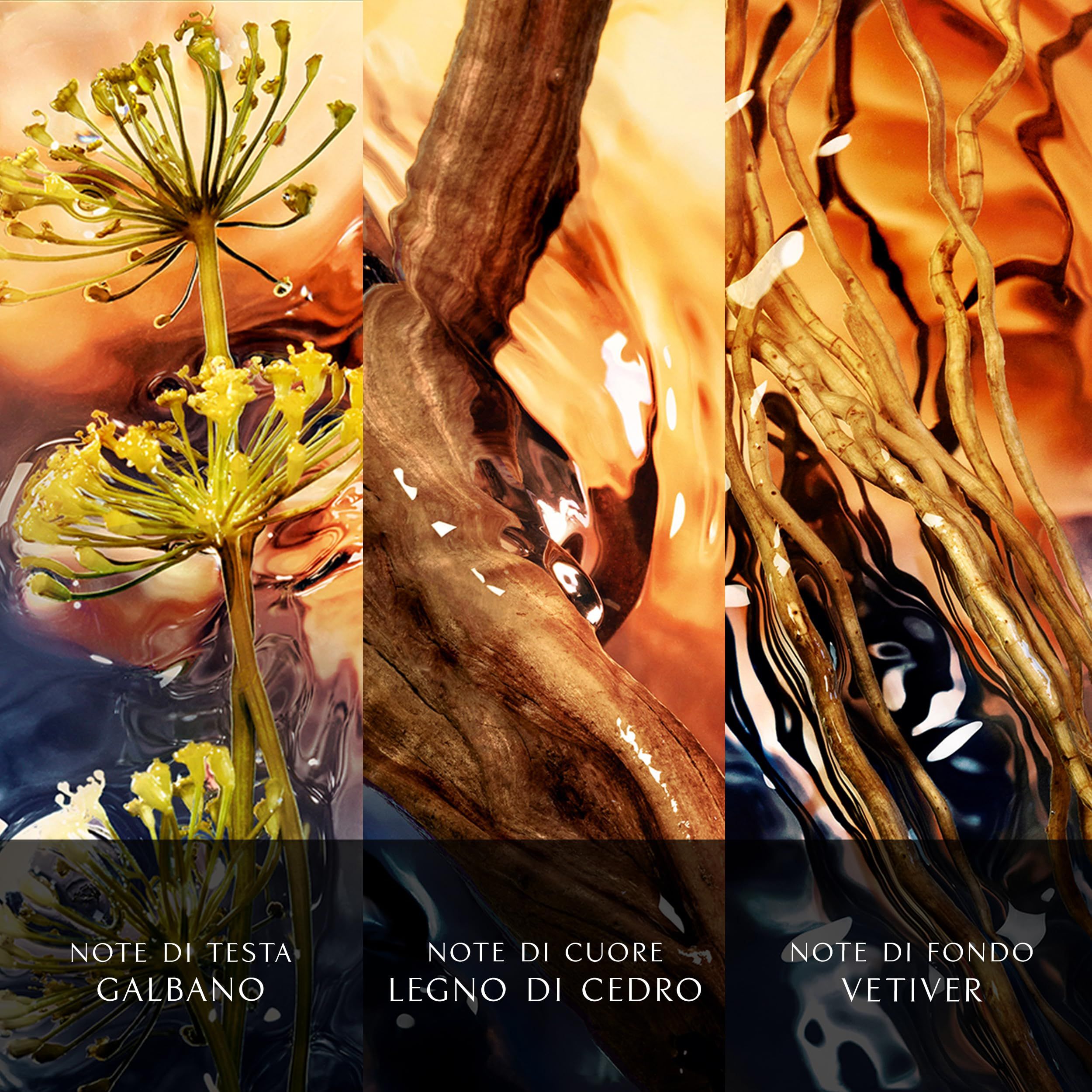Drei Bilder mit Inhaltsstoffen. Galbanum, Zedernholz und Vetiver. Italienischer Text: Note di Testa, Note di Cuore, Note di Fondo.