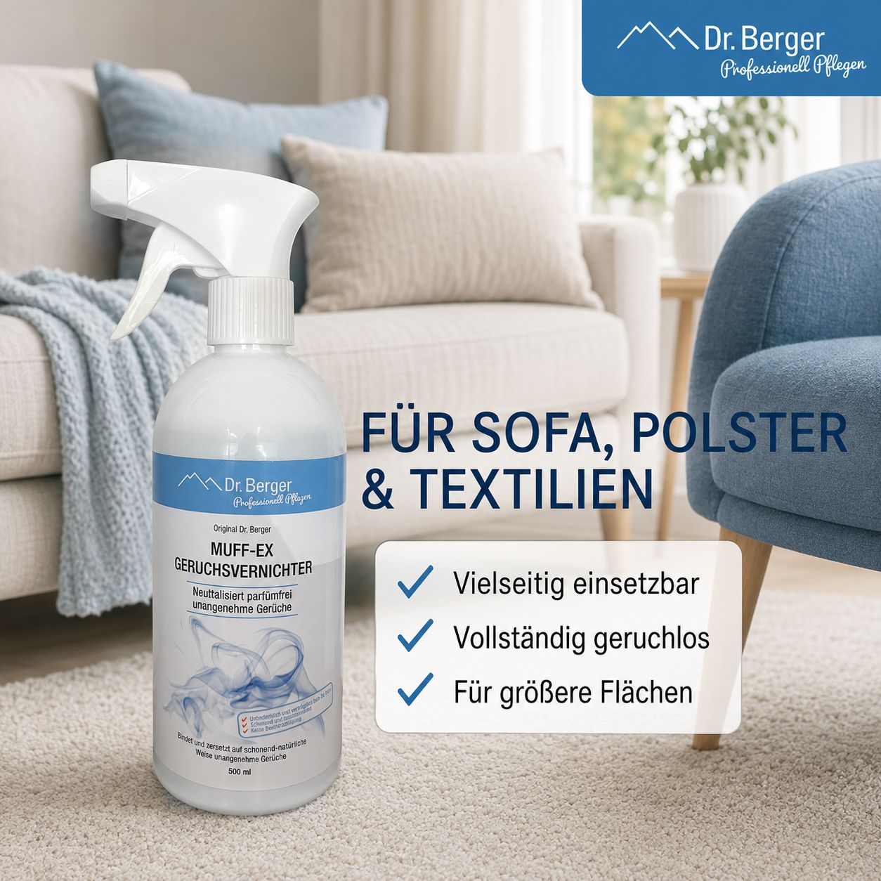 Dr. Berger Muff-Ex Geruchsvernichter Sprühflasche im Wohnzimmer-Setting, für Sofa und Textilien.