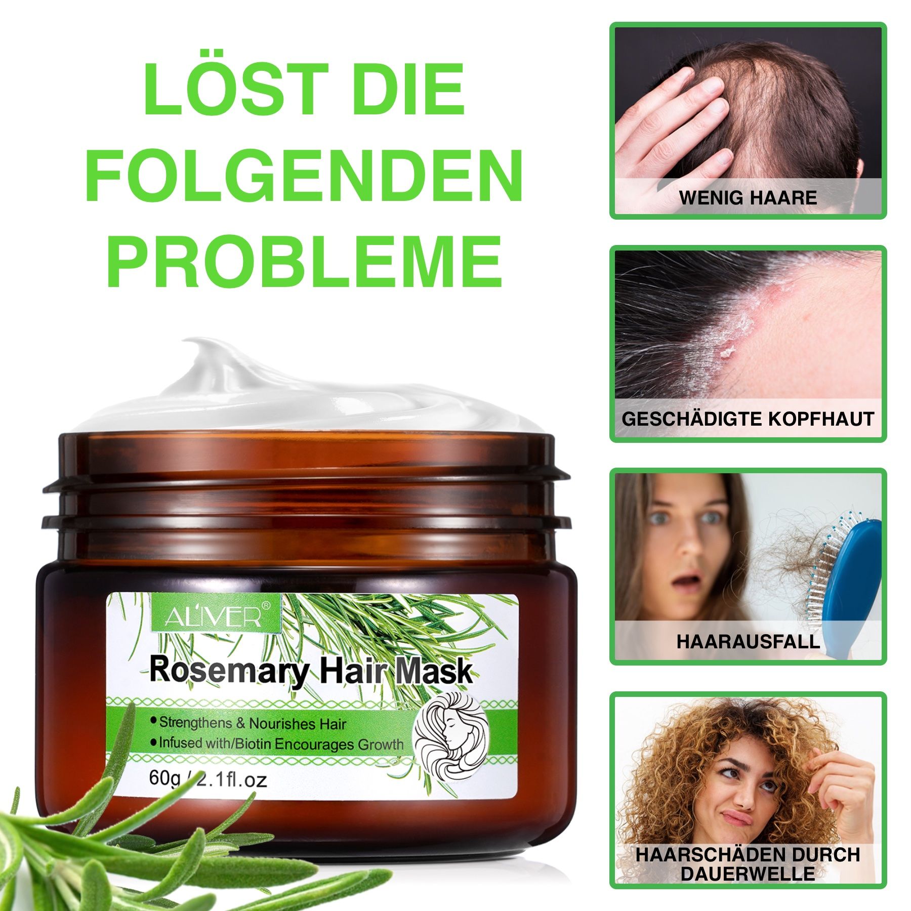 Braune Dose mit weißer Creme. Text: Löst die folgenden Probleme: Wenig Haare, geschädigte Kopfhaut, Haarausfall, Haarschäden durch Dauerwelle. Text: Rosemary Hair Mask.