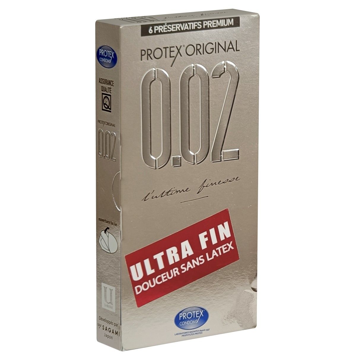 Schachtel mit Kondomen. Aufschrift: Protex Original 0.02, Ultra Fin, Douceur sans Latex. 6 Präservatifs Premium.