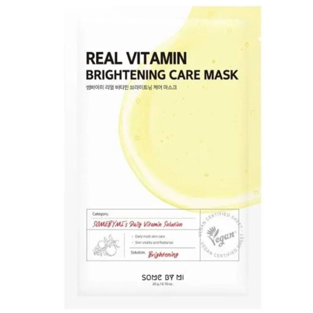 SOMEBYMI Real Vitamin Brightening Care Mask Einzelverpackung mit Zitronenmotiv und Vegan-Siegel.