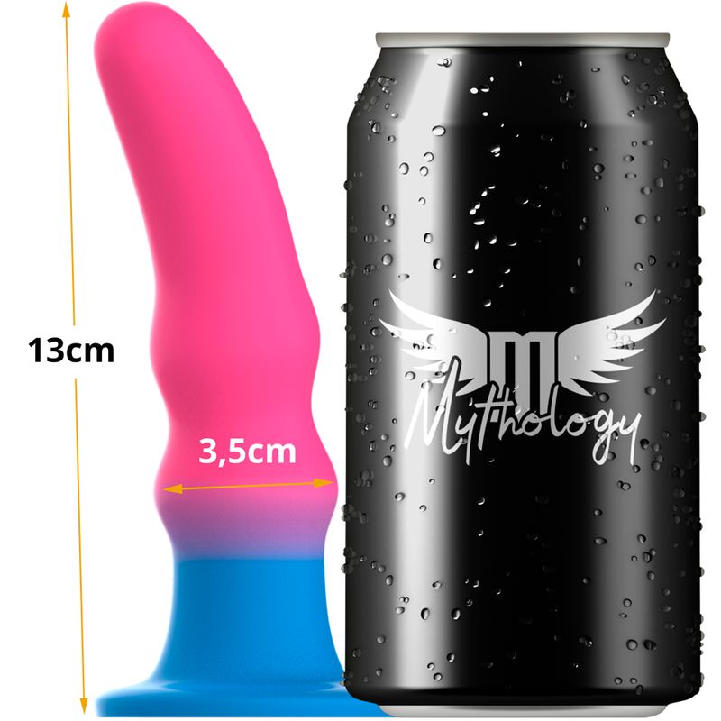 Wellness-Produkt, pink-blau, neben einer Dose. Maße: 13cm hoch, 3,5cm breit. Aufschrift: Mythology.