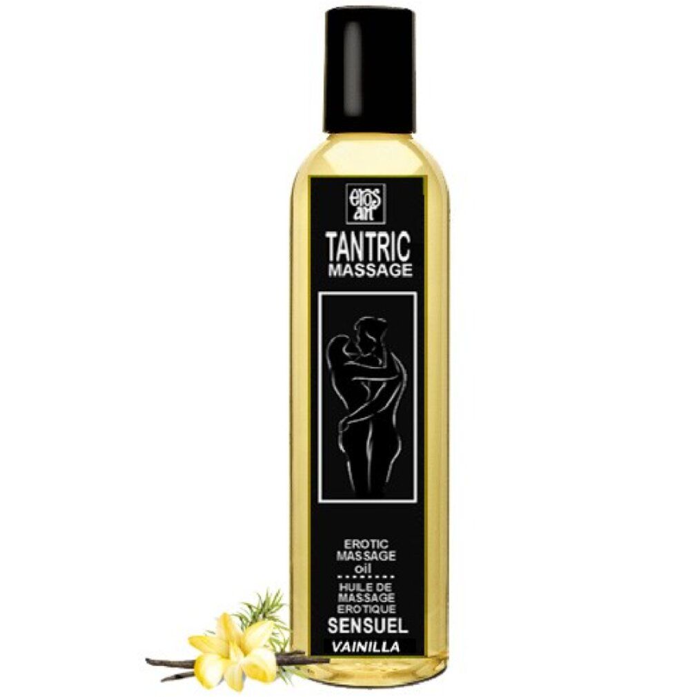 Flasche Tantrisches Massageöl, gelbe Flüssigkeit, schwarzer Deckel, Etikett mit Paar und Vanilleblüte.