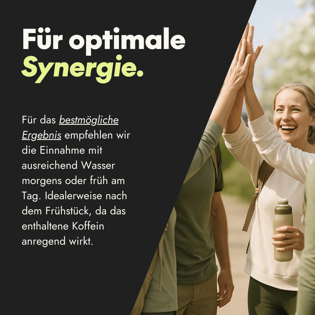 Personen geben sich High Five. Text: Für optimale Synergie. Einnahme mit Wasser morgens oder früh am Tag.