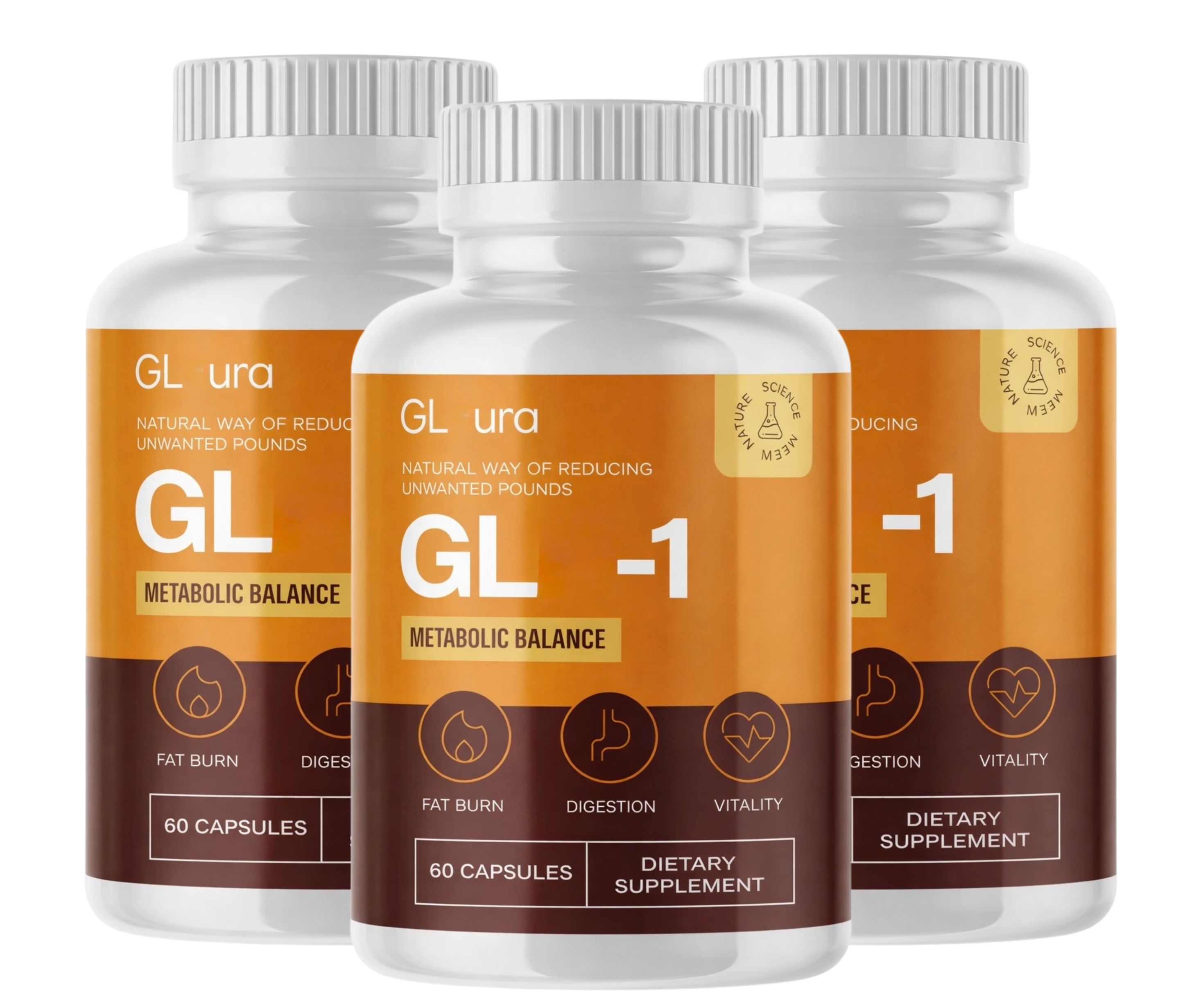 Drei Flaschen GLura GL-1 Nahrungsergänzungsmittel mit 60 Kapseln pro Flasche. Fokus auf Stoffwechselbalance.