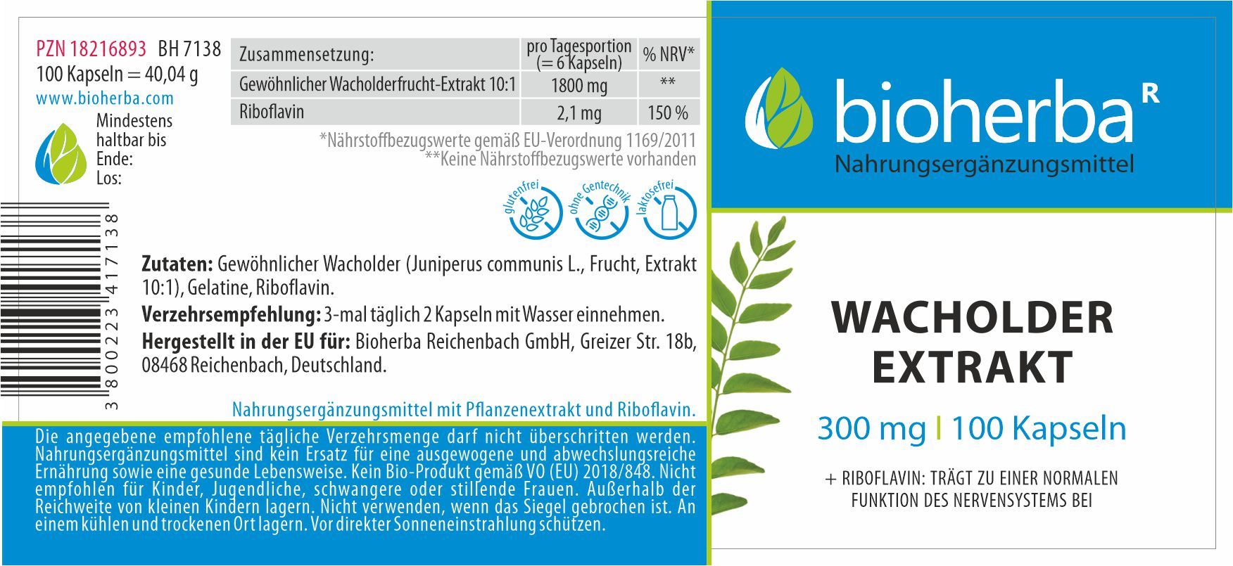 Etikett mit Produktinformationen. Wacholder Extrakt Kapseln, 300 mg, 100 Kapseln. Zutaten, Verzehrempfehlung, Herstellerangaben.