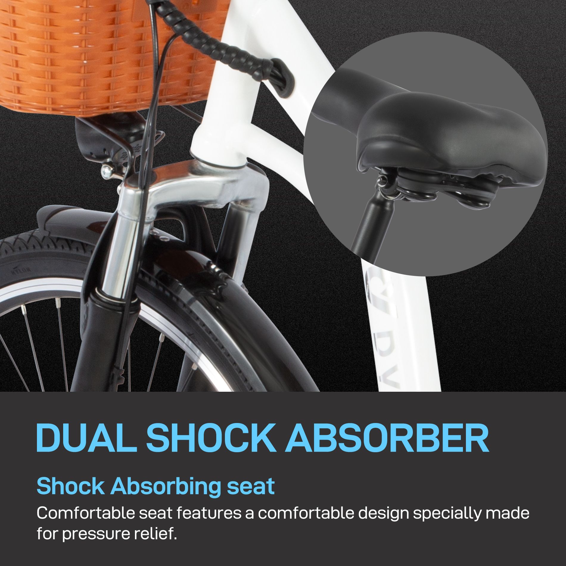 Nahaufnahme des Fahrradsattels. Text: Dualer Stoßdämpfer, stoßdämpfender Sitz.