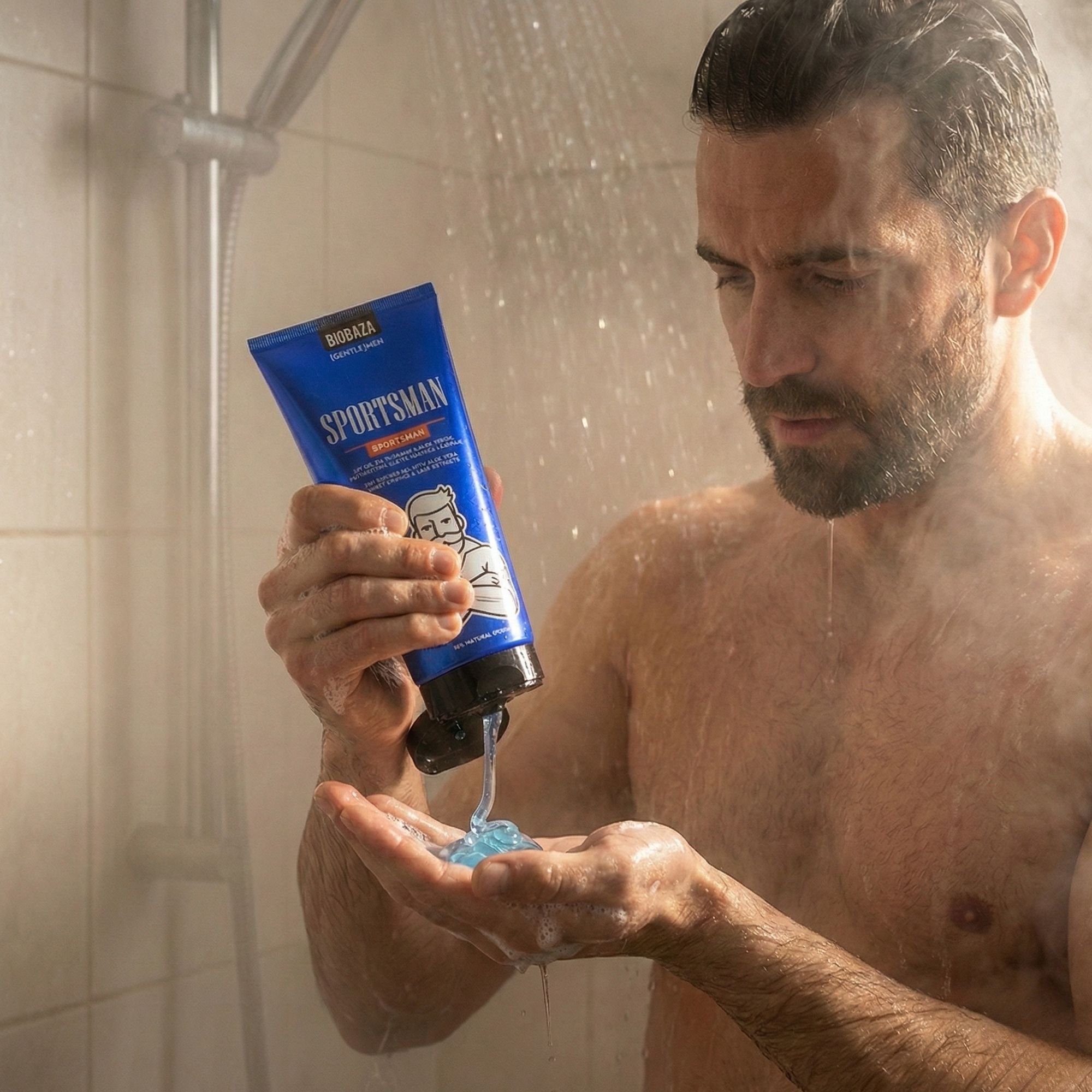 Mann unter der Dusche hält blaue Tube-Duschgel. Gel fließt in seine Hand. "Sportsman" und Logo auf der Tube.