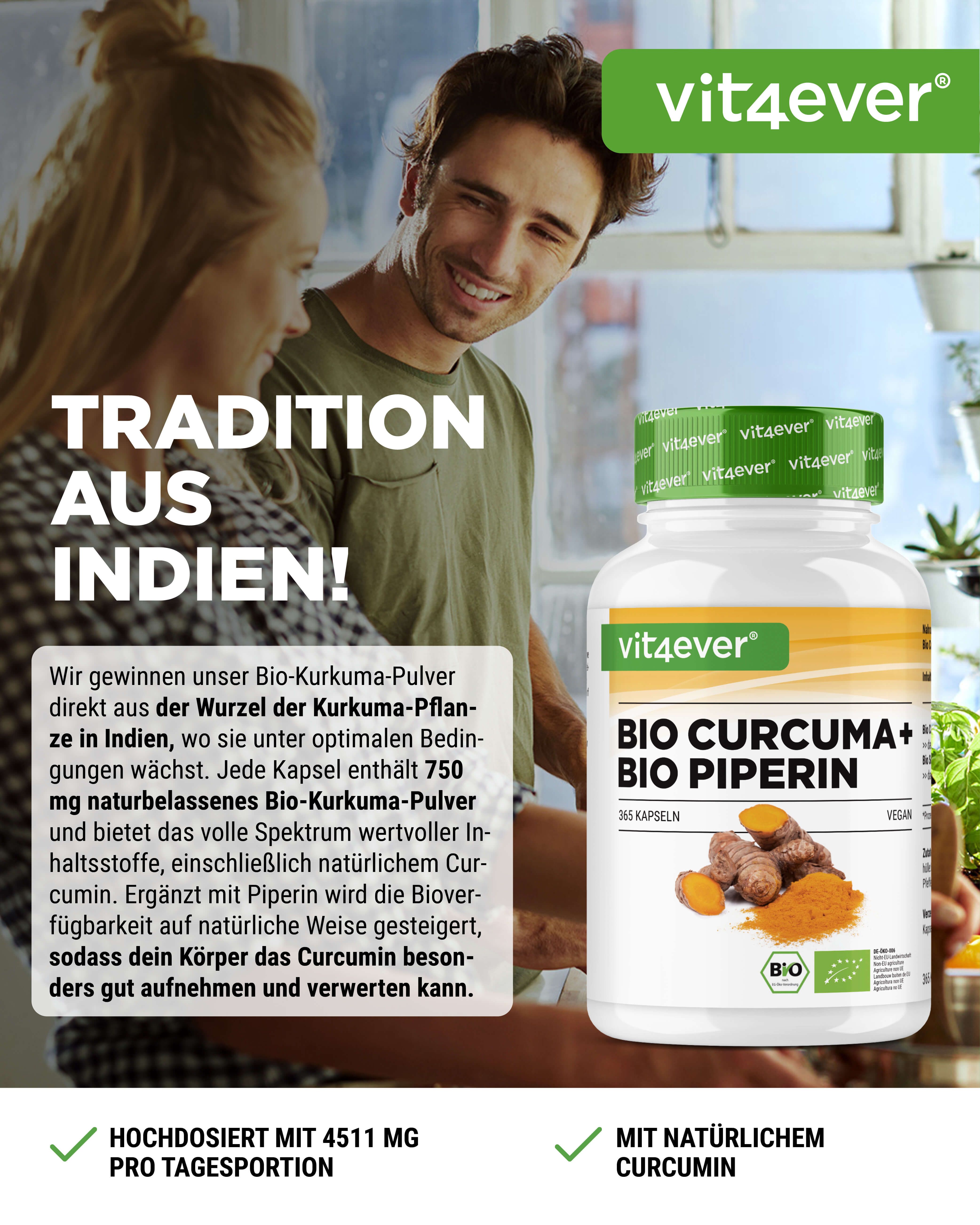 Mann und Frau lächeln. Flasche mit Bio Curcuma + Bio Piperin. Text: Tradition aus Indien! Hochdosiert mit 4511 mg.