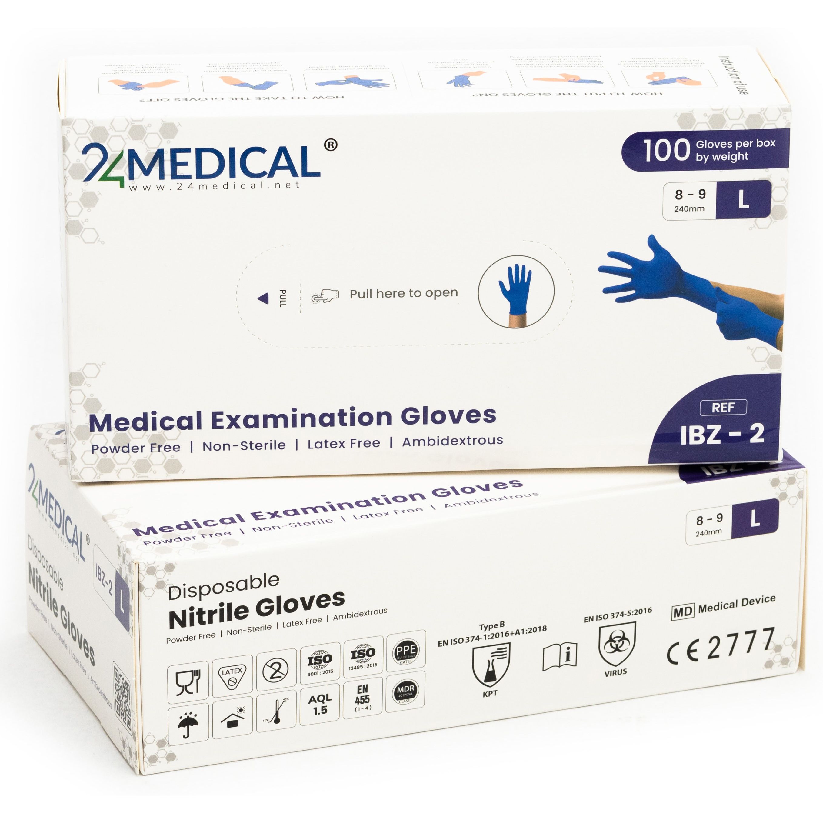 Zwei Kartons 24MEDICAL IBZ-2 Nitril Handschuhe, Größe L. Aufdrucke: Medical Examination Gloves, puderfrei, CE-Kennzeichnung, ISO-Zertifizierung.