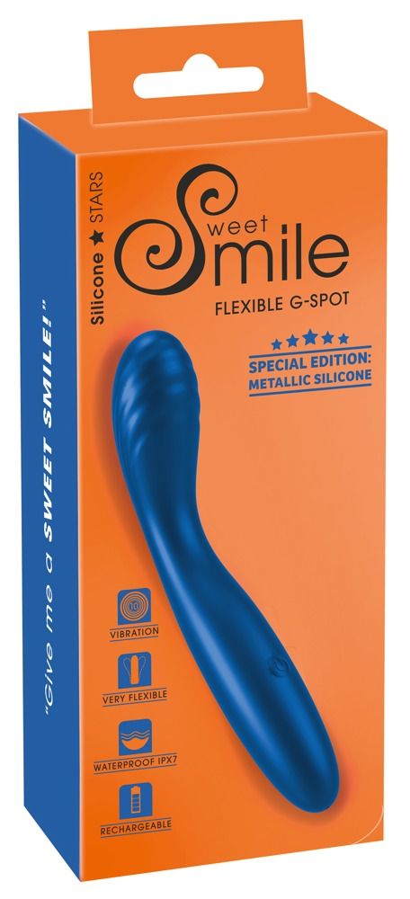 Verpackung mit blauem Vibrator. Text: Sweet Smile, Flexible G-Spot, Special Edition: Metallic Silicone. Icons.