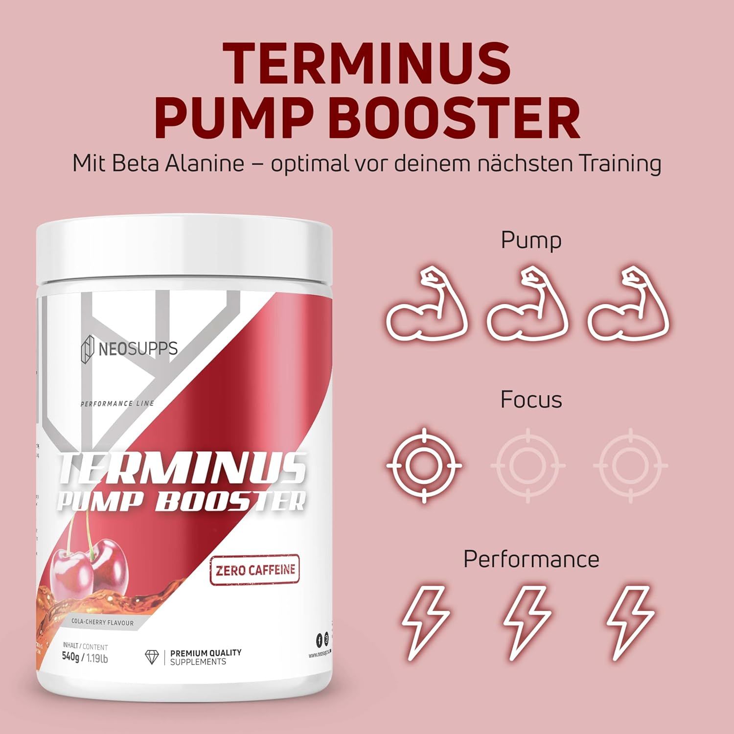 Weißes Supplement-Behälter mit rotem Akzent. Aufschrift: Terminus Pump Booster. Mit Symbolen für Pump, Fokus und Leistung.