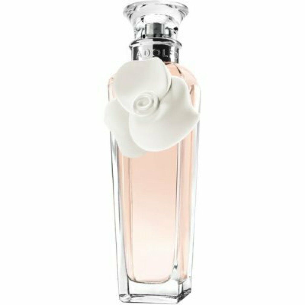Parfümflasche mit weißer Blume. Transparente Flasche mit rosa Flüssigkeit. Weißer Blütenaufsatz.