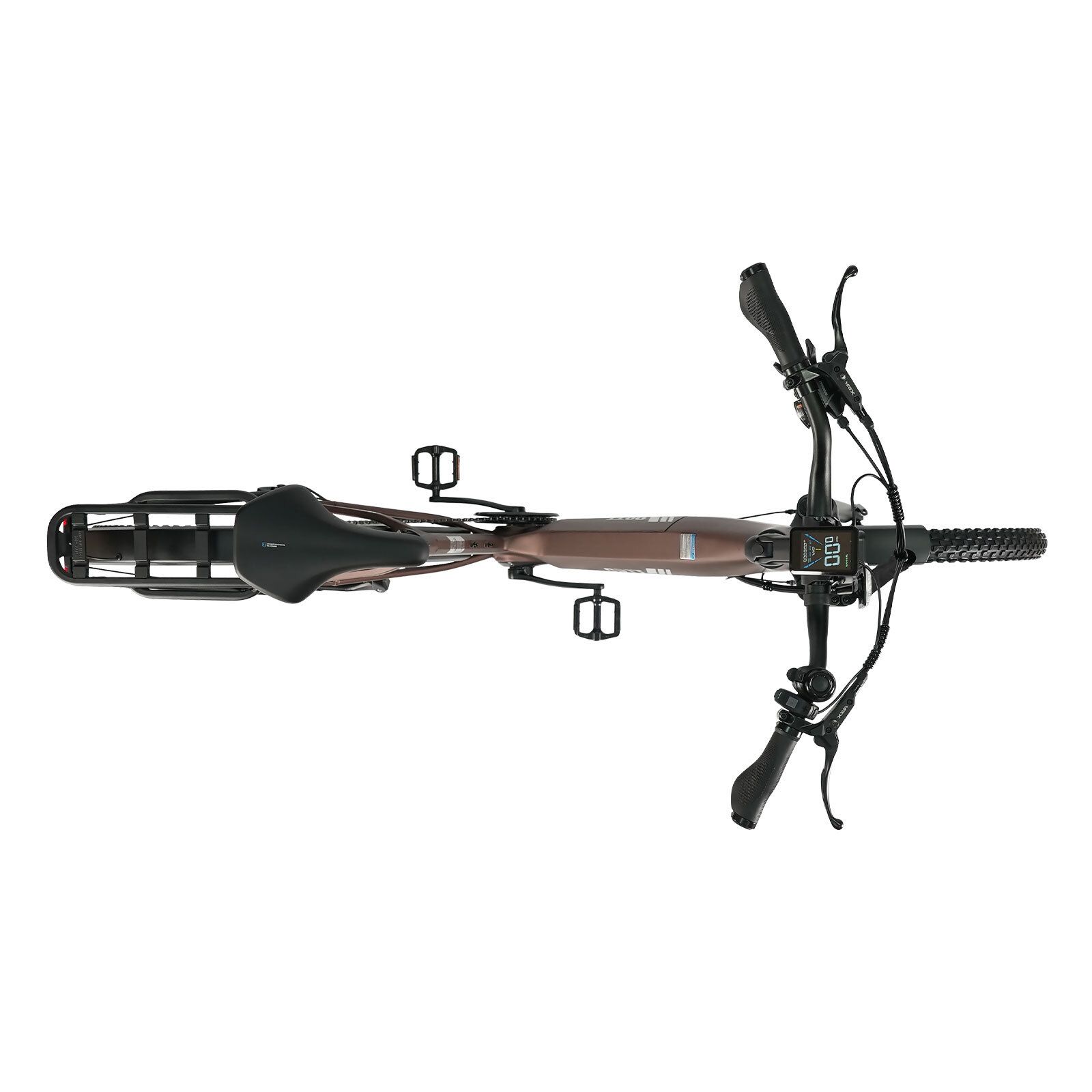 Draufsicht auf ein braunes Elektrofahrrad. Lenker, Sattel, Pedale und Gepäckträger sind sichtbar.