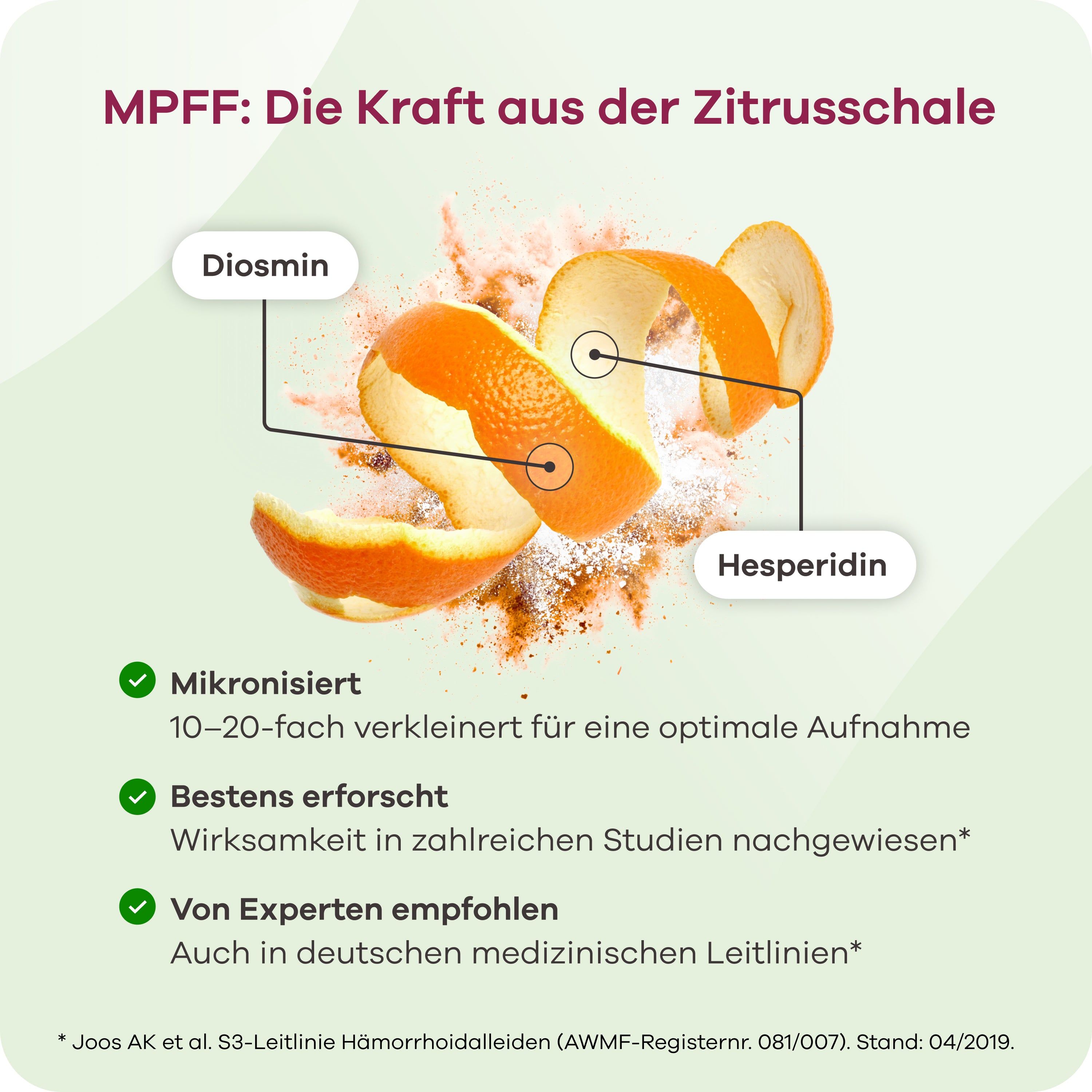 Grafik mit Inhaltsstoffen: Diosmin, Hesperidin. Text über die Vorteile und die Empfehlung von Experten.