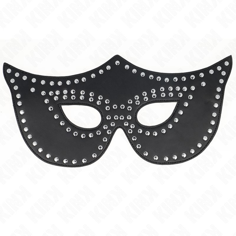 Schwarze Kunstledermaske mit Nieten. Augenöffnungen, Nietenbesatz. Flache Ansicht.