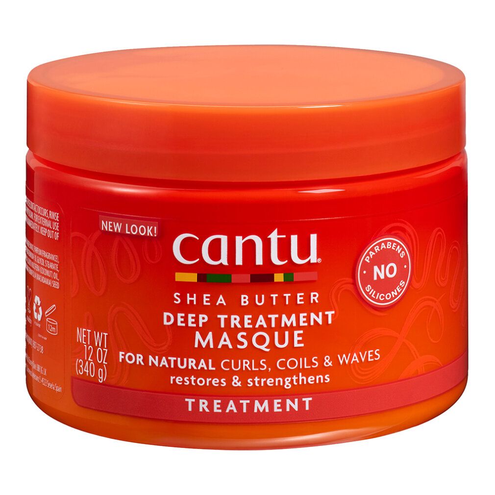 Runder Behälter mit rotem Etikett und orangefarbenem Deckel. Auf dem Etikett steht "Cantu Shea Butter Deep Treatment Masque".