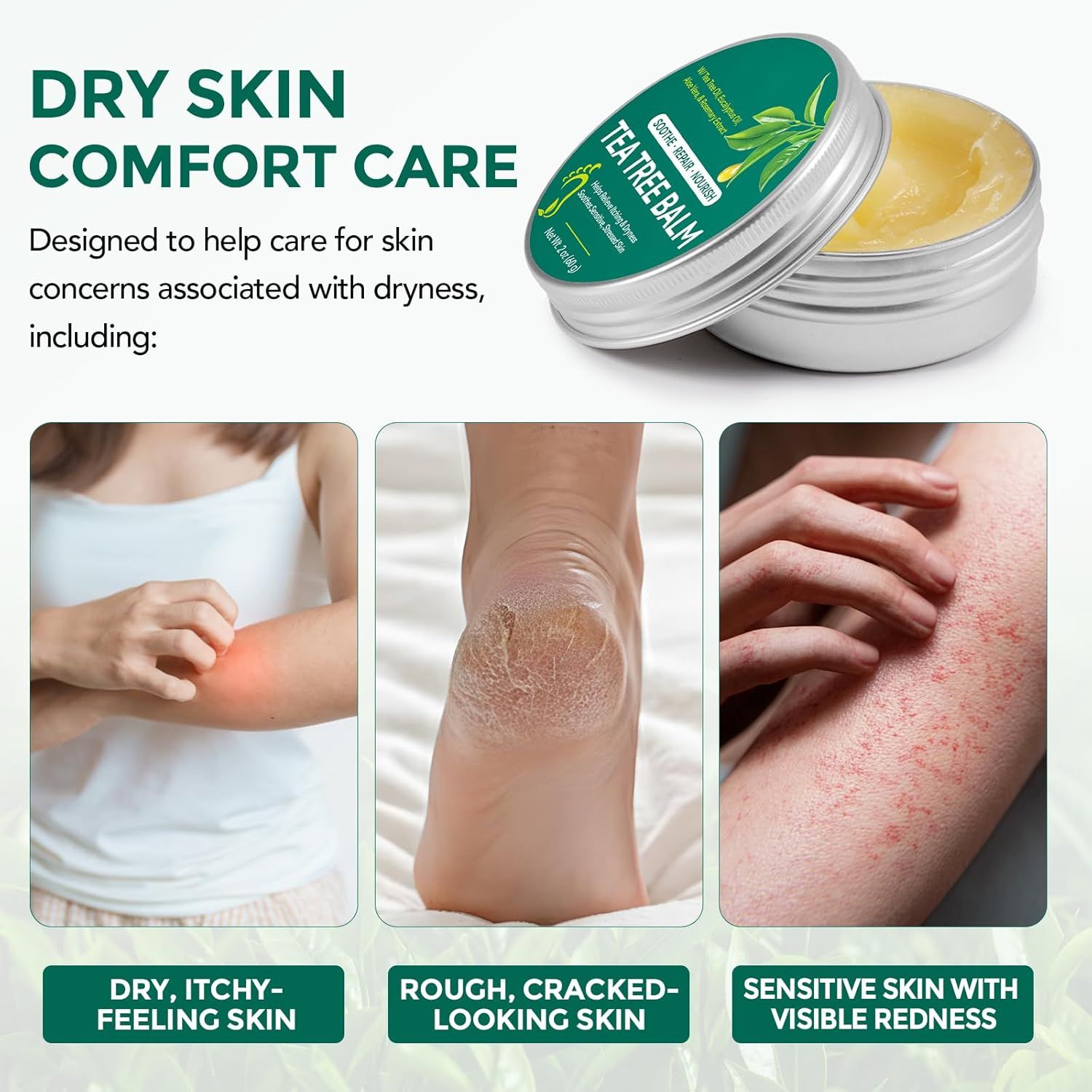 Produktabbildung mit drei Hautzuständen: trockene, juckende Haut, rissige Fersen, rote Haut. Text: Dry Skin Comfort Care.