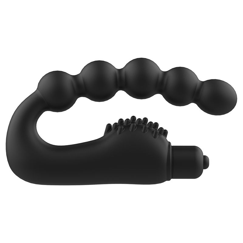Schwarzer Analmassager mit perlenförmigem Aufsatz und Noppen.
