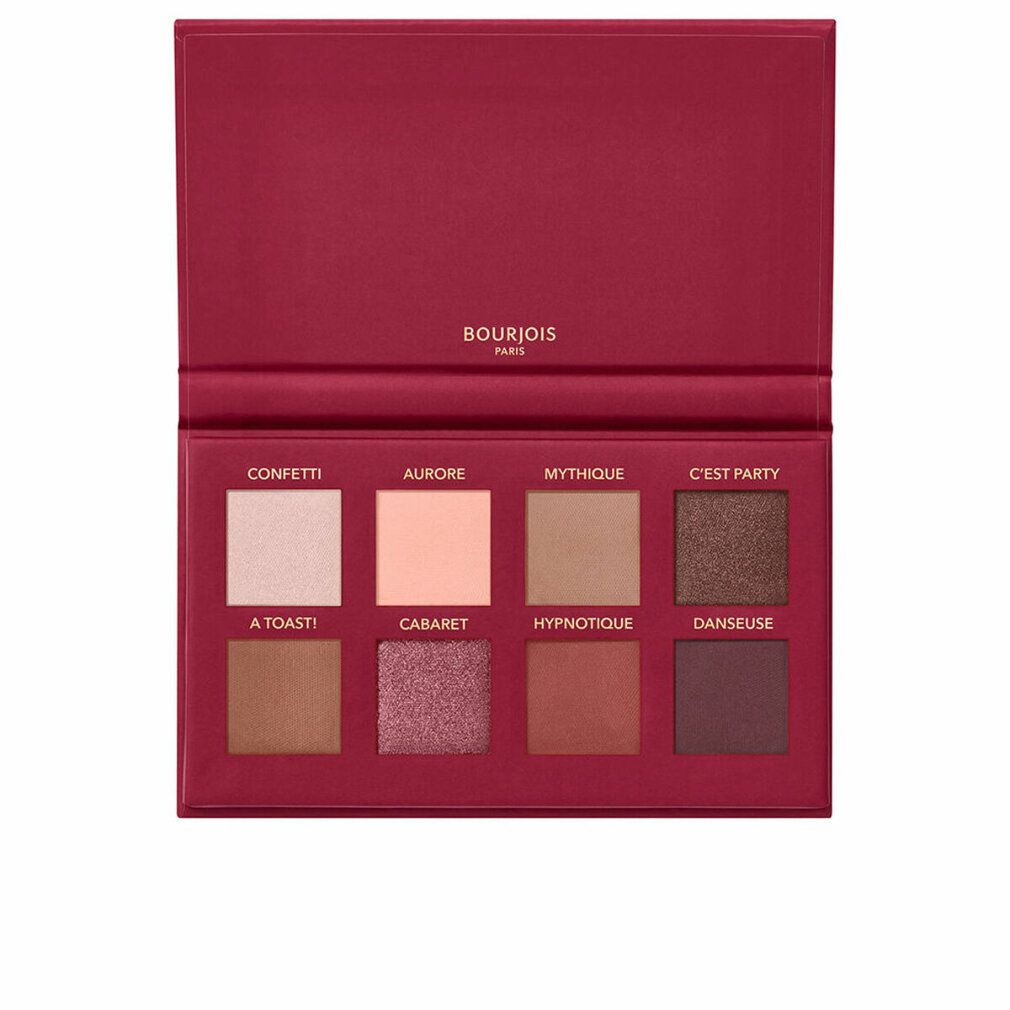 Geöffnete Lidschatten-Palette mit acht Farbtönen. Rote Verpackung mit Produktnamen. Die Farben sind in quadratischen Pfannen angeordnet.