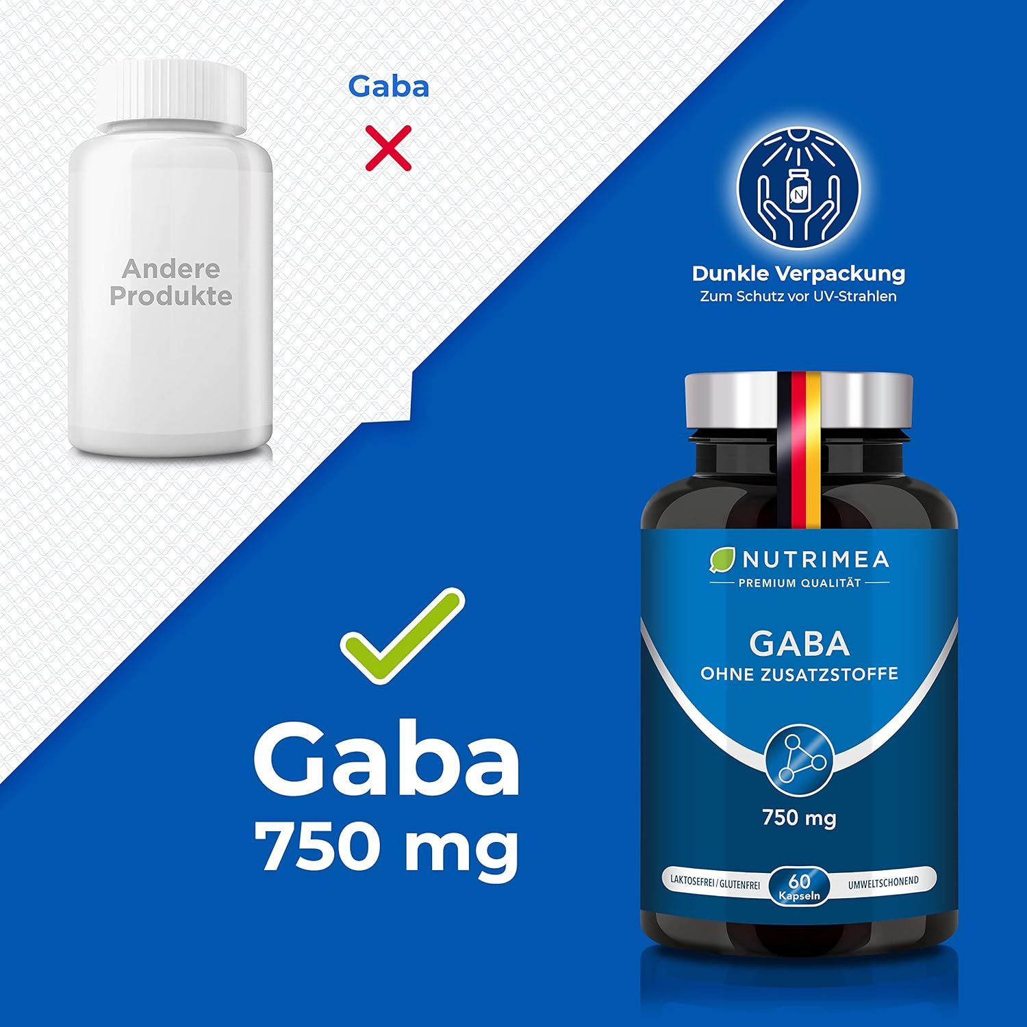 Nutrimea GABA Pur 750mg | Reine Pulver Kapseln Hochdosiert | OHNE Zusätze & Vegan