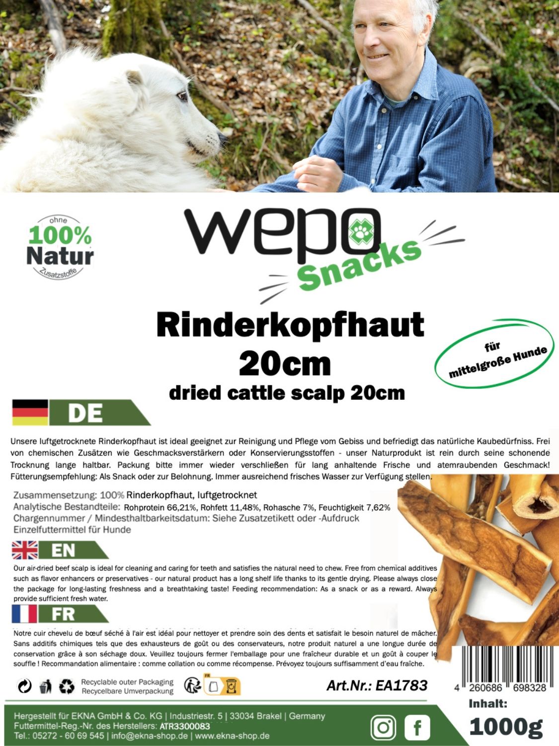 WEPO Snacks Rinderkopfhaut 20cm. Getrocknete Rinderkopfhaut. Für mittelgroße Hunde. 100% Natur. Inhaltsstoffe und Anwendung.
